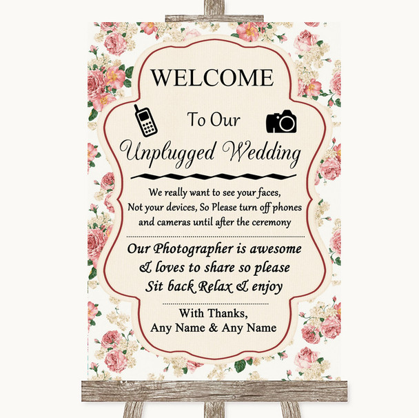Vintage Roses No Phone Camera Unplugged Personalized Wedding Sign