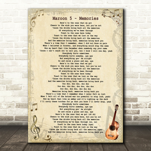 Maroon 5 Memories Vintage Guitar Song Lyric Quote Music Poster Print