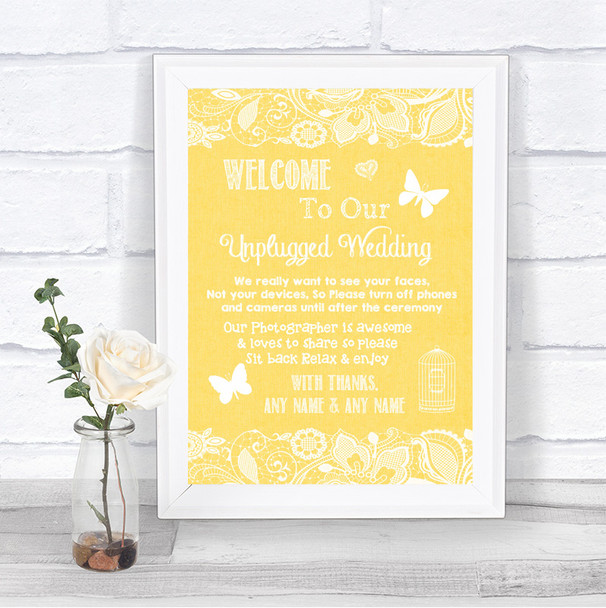 Yellow Burlap & Lace No Phone Camera Unplugged Personalized Wedding Sign