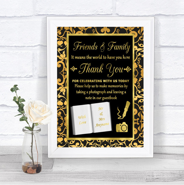 Black & Gold Damask Photo Guestbook Friends & Family Personalized Wedding Sign