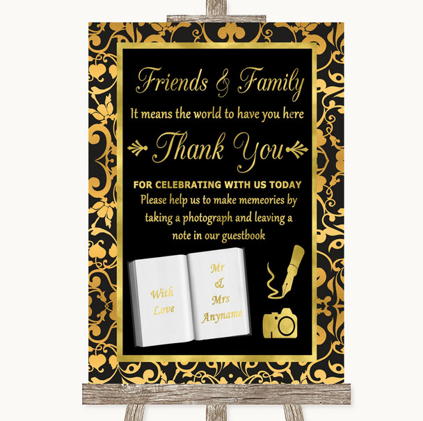 Black & Gold Damask Photo Guestbook Friends & Family Personalized Wedding Sign