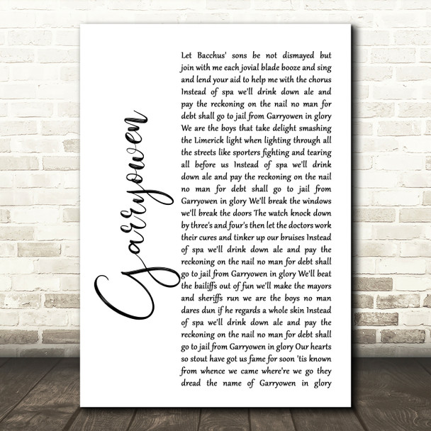 Irish Folk Song Garryowen White Script Song Lyric Quote Music Poster Print