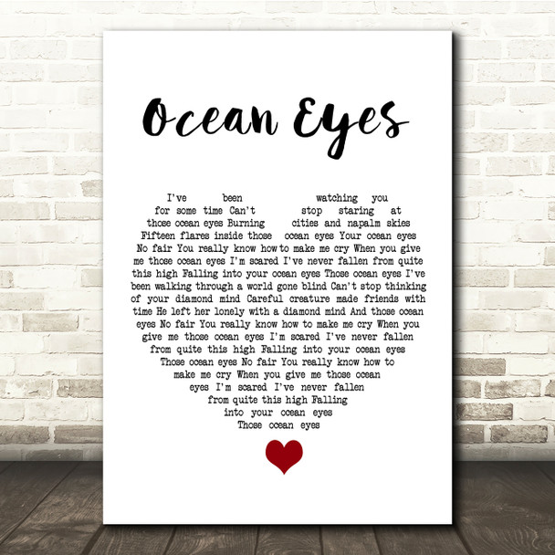 Billie Eilish Ocean Eyes White Heart Song Lyric Quote Music Poster Print