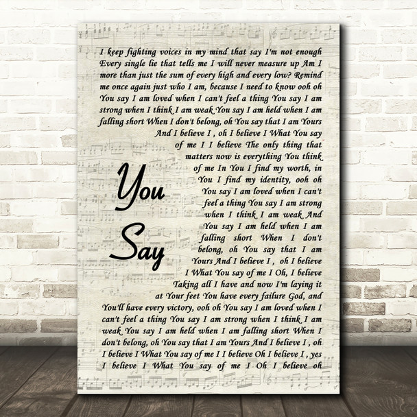 Lauren Daigle You Say Vintage Script Song Lyric Quote Music Poster Print