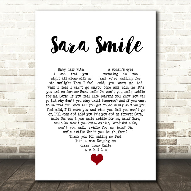 Hall & Oates Sara Smile White Heart Song Lyric Quote Music Poster Print