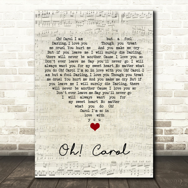 Neil Sedaka Oh! Carol Script Heart Song Lyric Quote Music Poster Print