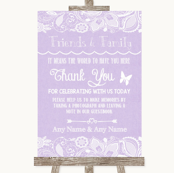 Lilac Burlap & Lace Photo Guestbook Friends & Family Personalized Wedding Sign