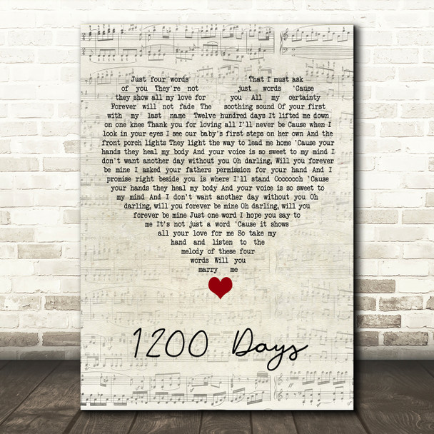 Eric Baker 1200 Days Script Heart Song Lyric Quote Music Poster Print