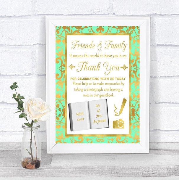 Mint Green & Gold Photo Guestbook Friends & Family Personalized Wedding Sign