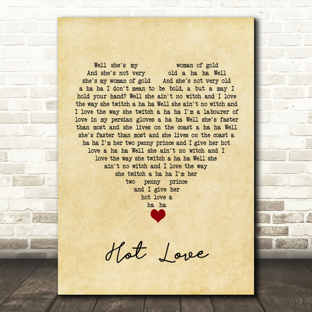 T Rex Hot Love Vintage Heart Song Lyric Quote Music Poster Print