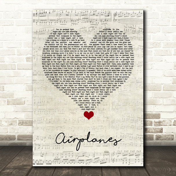 BoB Airplanes Script Heart Song Lyric Quote Music Poster Print