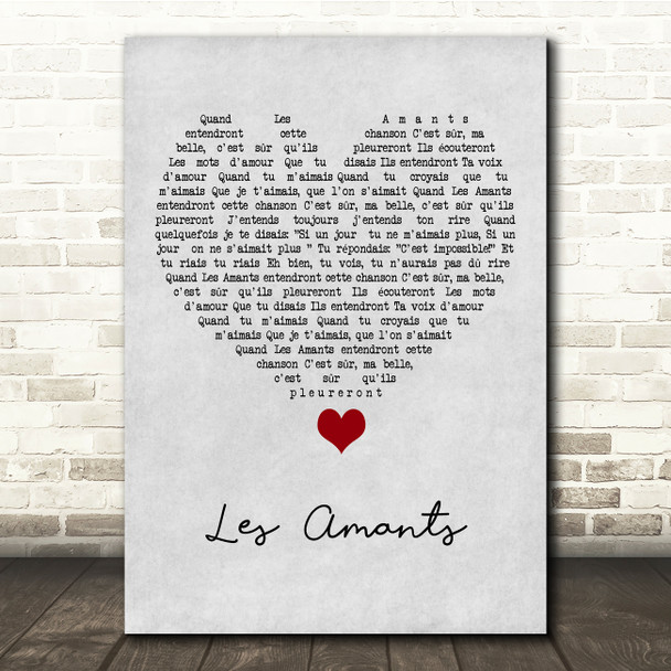 Charles Dumont Les Amants Grey Heart Song Lyric Quote Music Poster Print