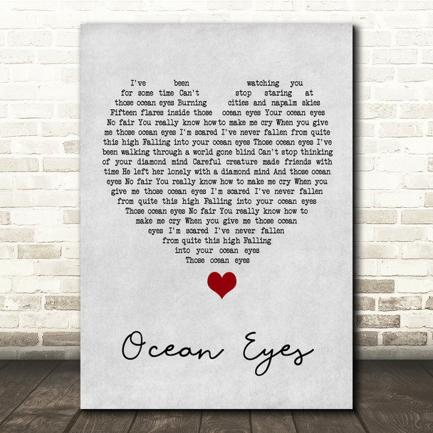 Billie Eilish Ocean Eyes Grey Heart Song Lyric Quote Music Poster Print