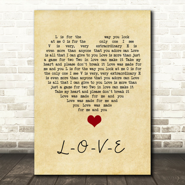 Nat King Cole L-O-V-E Vintage Heart Song Lyric Quote Music Poster Print