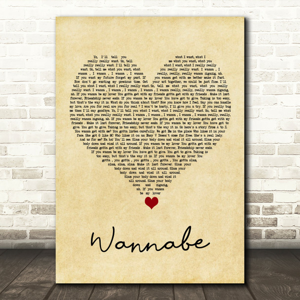 Spice Girls Wannabe Vintage Heart Song Lyric Quote Music Poster Print