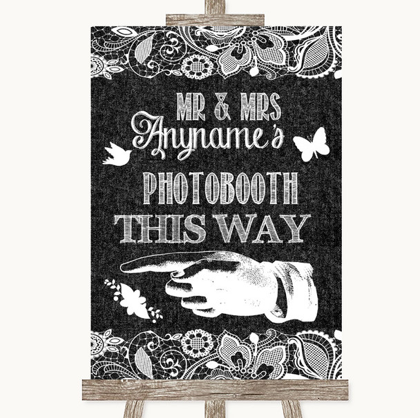 Dark Grey Burlap & Lace Photobooth This Way Left Personalized Wedding Sign