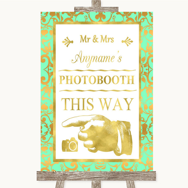 Mint Green & Gold Photobooth This Way Left Personalized Wedding Sign