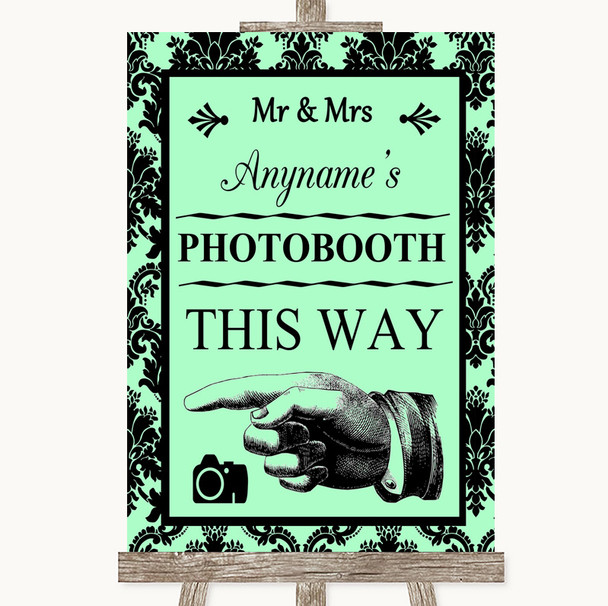 Mint Green Damask Photobooth This Way Left Personalized Wedding Sign