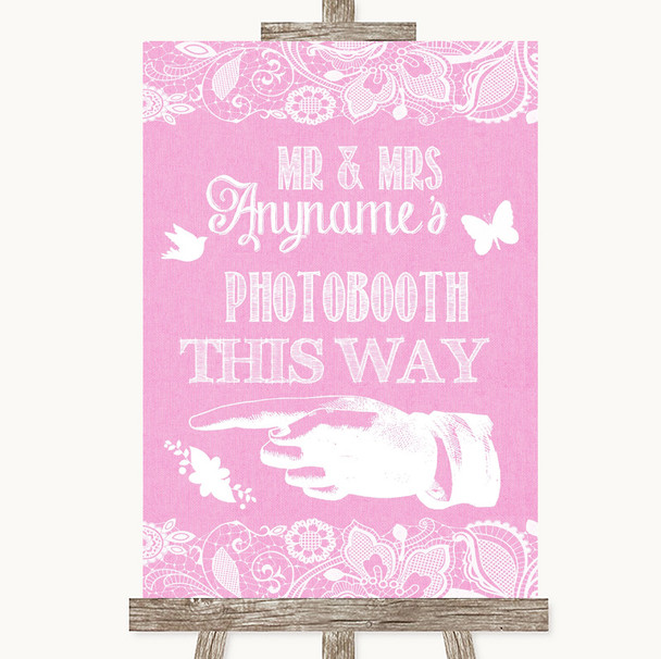 Pink Burlap & Lace Photobooth This Way Left Personalized Wedding Sign