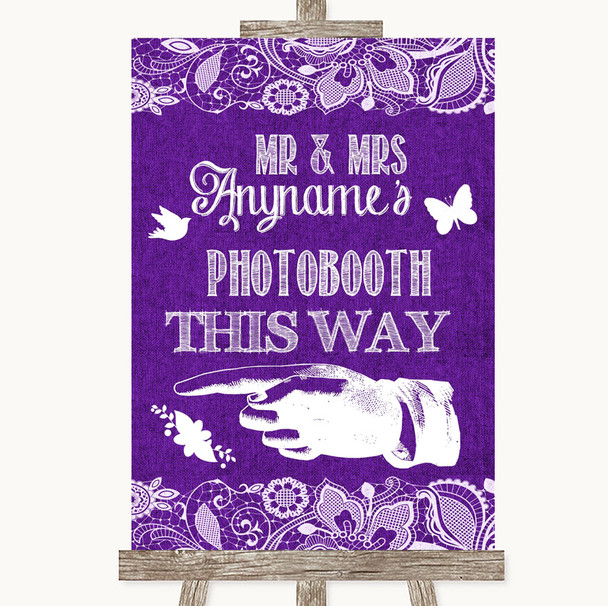 Purple Burlap & Lace Photobooth This Way Left Personalized Wedding Sign