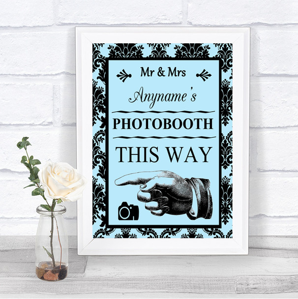 Sky Blue Damask Photobooth This Way Left Personalized Wedding Sign