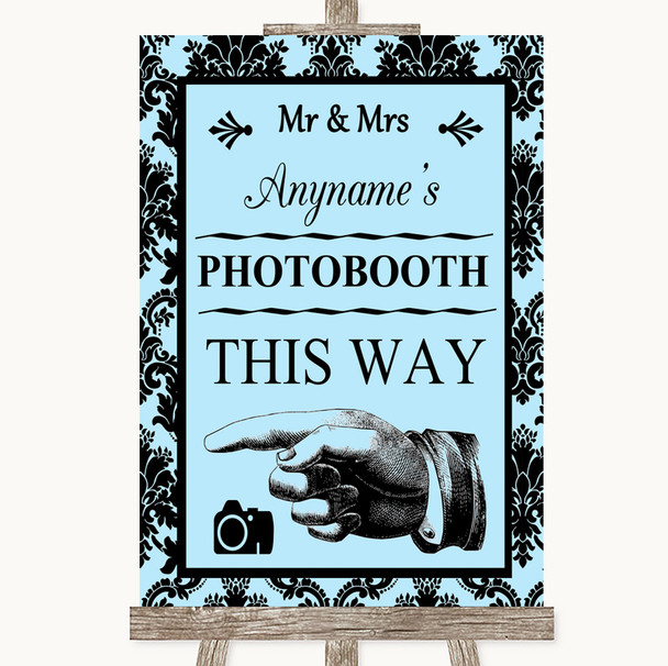 Sky Blue Damask Photobooth This Way Left Personalized Wedding Sign