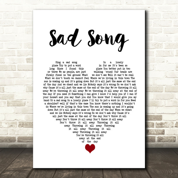 Oasis Sad Song White Heart Song Lyric Quote Music Poster Print
