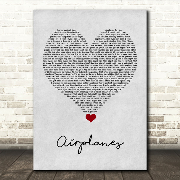 BoB Airplanes Grey Heart Song Lyric Quote Music Poster Print