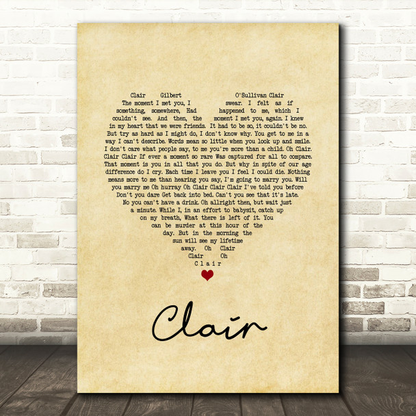 Gilbert O`Sullivan CLAIR Vintage Heart Song Lyric Quote Music Poster Print