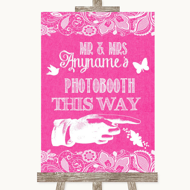 Bright Pink Burlap & Lace Photobooth This Way Right Personalized Wedding Sign