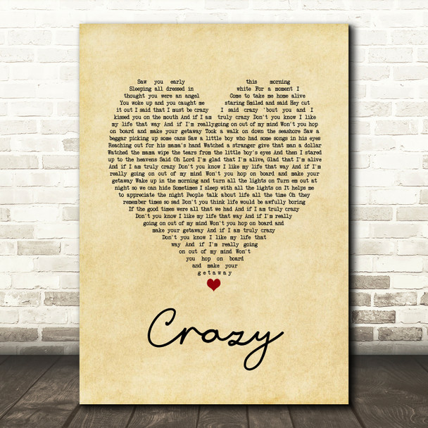 Pat Green Crazy Vintage Heart Song Lyric Quote Music Poster Print