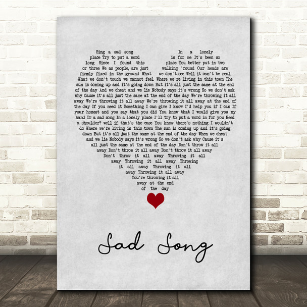 Oasis Sad Song Grey Heart Song Lyric Quote Music Poster Print