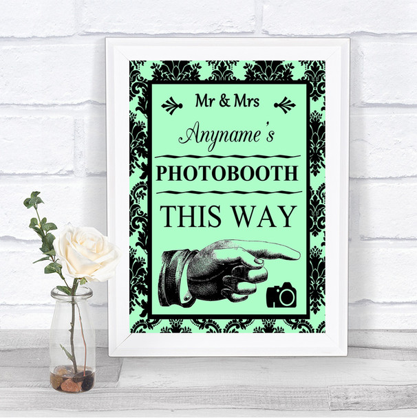 Mint Green Damask Photobooth This Way Right Personalized Wedding Sign