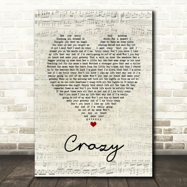 Pat Green Crazy Script Heart Song Lyric Quote Music Poster Print