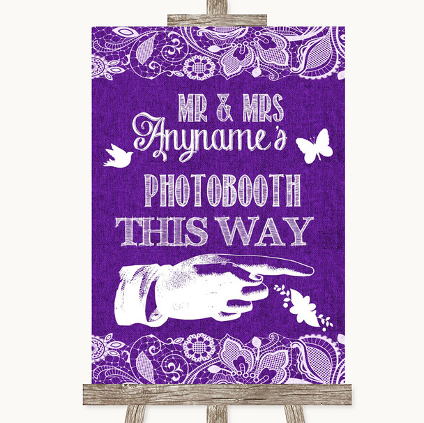 Purple Burlap & Lace Photobooth This Way Right Personalized Wedding Sign