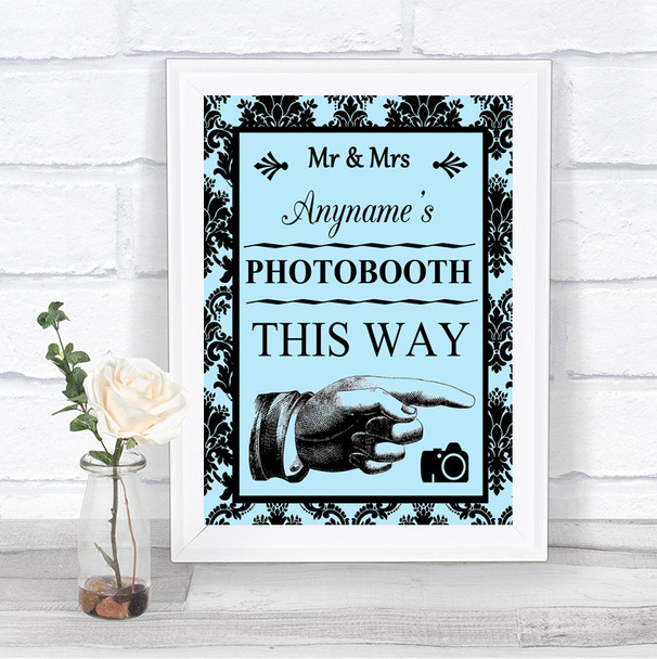 Sky Blue Damask Photobooth This Way Right Personalized Wedding Sign