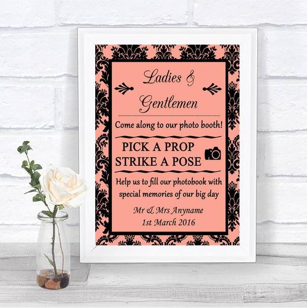 Coral Damask Pick A Prop Photobooth Personalized Wedding Sign