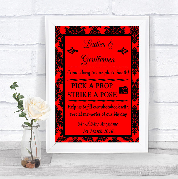 Red Damask Pick A Prop Photobooth Personalized Wedding Sign