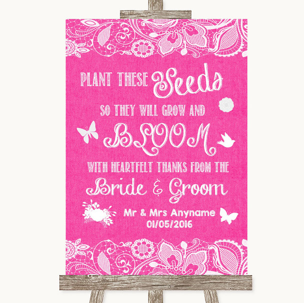 Bright Pink Burlap & Lace Plant Seeds Favours Personalized Wedding Sign