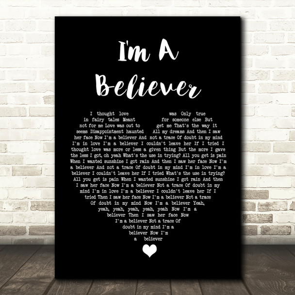 The Monkees I'm A Believer Black Heart Song Lyric Wall Art Print