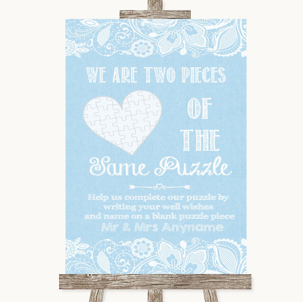 Blue Burlap & Lace Puzzle Piece Guest Book Personalized Wedding Sign