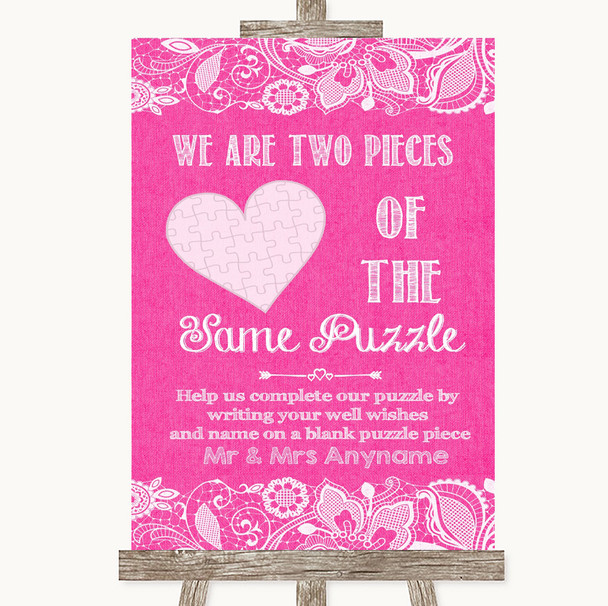 Bright Pink Burlap & Lace Puzzle Piece Guest Book Personalized Wedding Sign