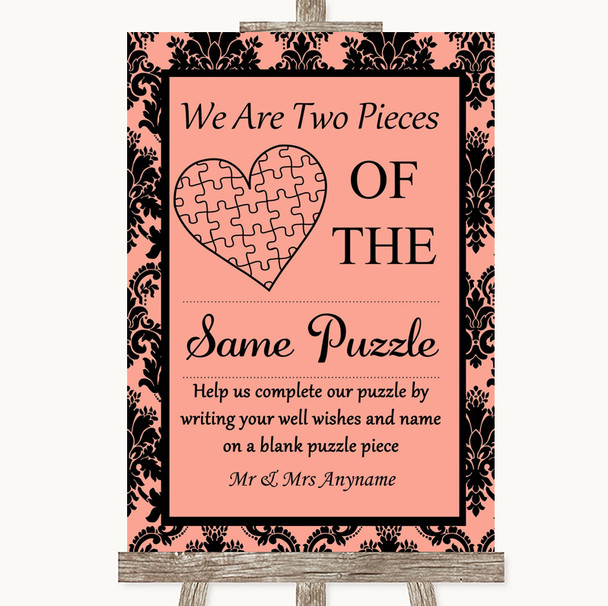 Coral Damask Puzzle Piece Guest Book Personalized Wedding Sign