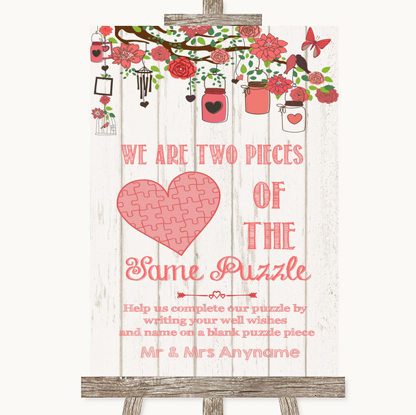 Coral Rustic Wood Puzzle Piece Guest Book Personalized Wedding Sign