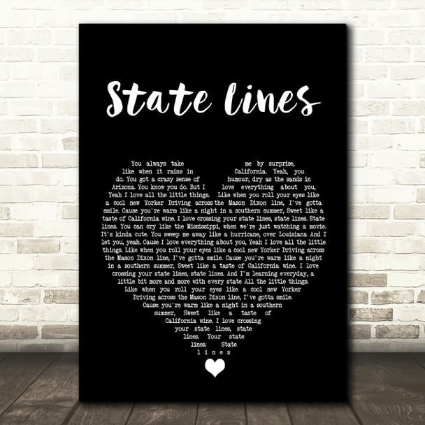 The Shires State Lines Black Heart Song Lyric Wall Art Print