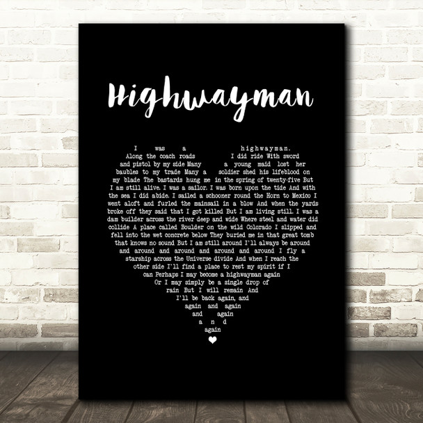 Johnny Cash Highwayman Black Heart Song Lyric Wall Art Print