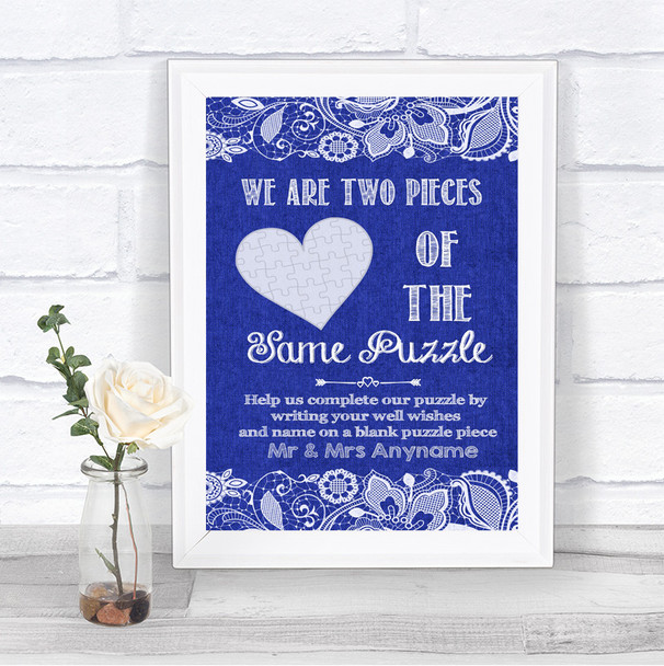 Navy Blue Burlap & Lace Puzzle Piece Guest Book Personalized Wedding Sign