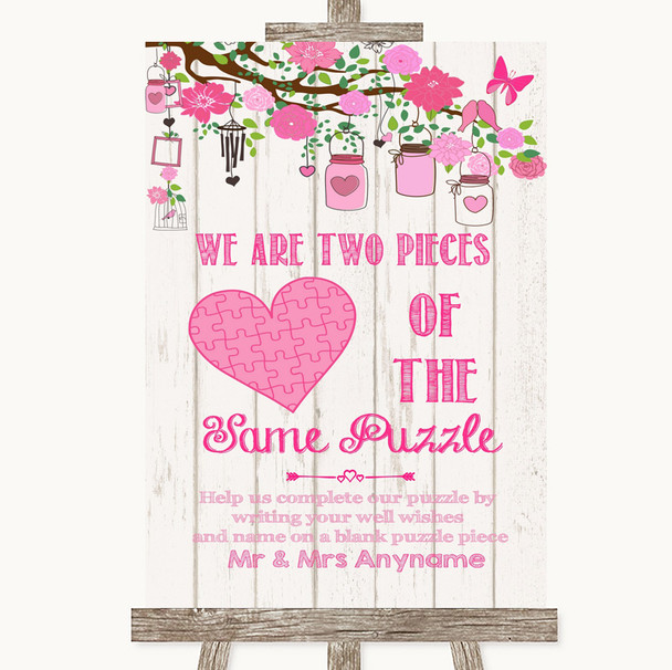 Pink Rustic Wood Puzzle Piece Guest Book Personalized Wedding Sign