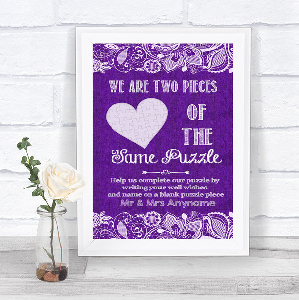 Purple Burlap & Lace Puzzle Piece Guest Book Personalized Wedding Sign