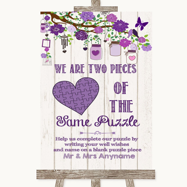 Purple Rustic Wood Puzzle Piece Guest Book Personalized Wedding Sign